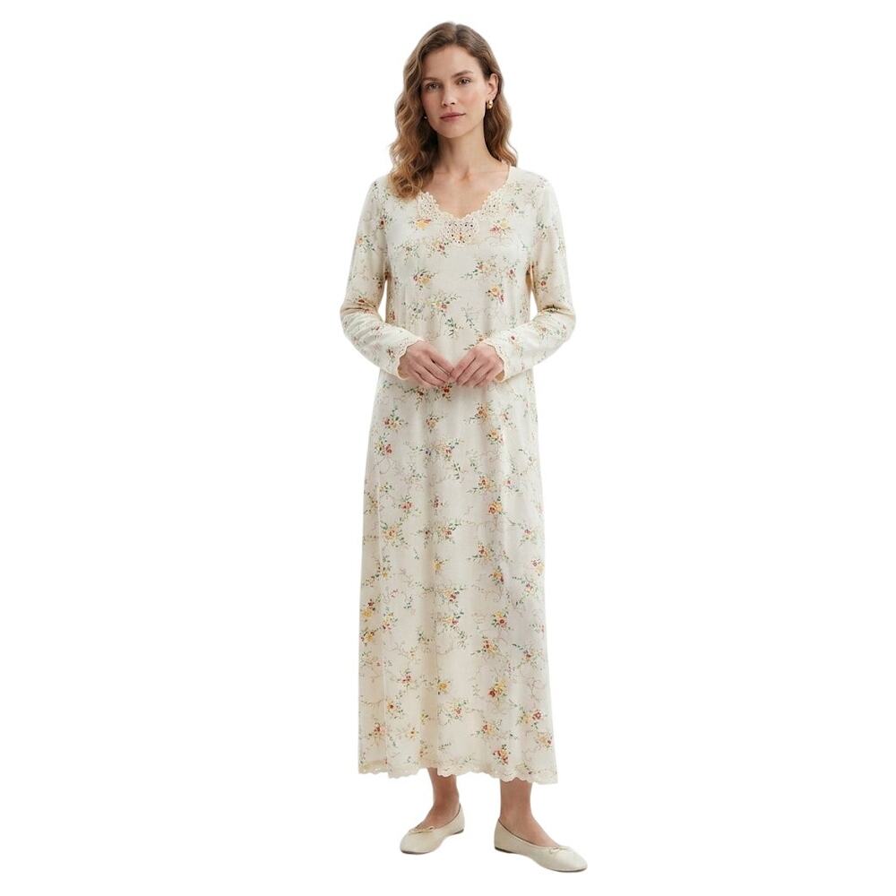 Vintage Inspired Maxi Nightgown Floral Lace Cozy Fall Winter Plus Size 2X